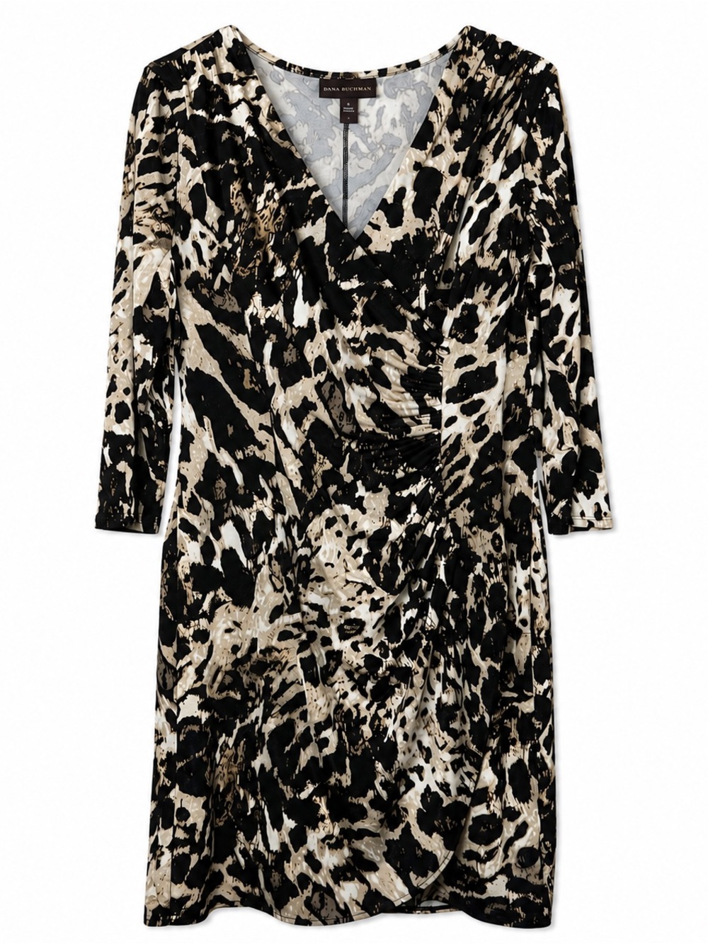 Dana Buchman L 3/4 Sleeve V Neck Ruched Stretch Animal Print Dress Casual Party
